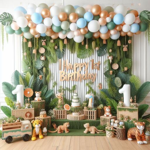 Elegant jungle safari theme first birthday decoration in Gurgaon with lush green foliage backdrop, neutral tone balloons, wooden crates, plush safari animals, and a 'Happy 1st Birthday' sign by Adore Celebration.