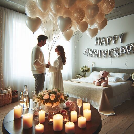 A couple embraces in a romantically decorated room in Gurgaon designed for an anniversary. The ceiling is filled with white heart-shaped balloons, and a table is set with a floral centerpiece, candles, and champagne, all in front of 'HAPPY ANNIVERSARY' foil balloons on the wall.