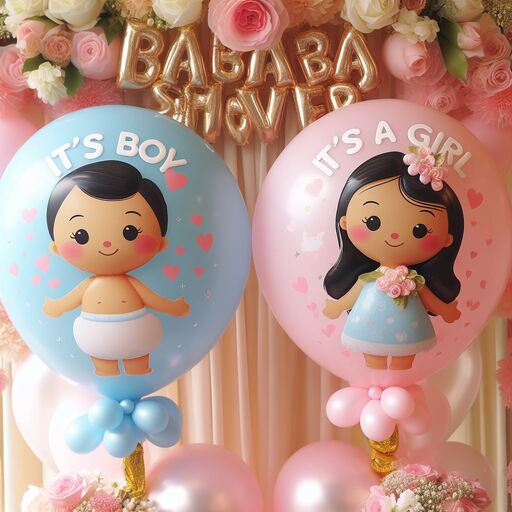 Elegant baby shower decorations in Gurgaon, featuring large 'It's a Boy' and 'It's a Girl' balloons, a floral backdrop, and gold foil 'BABY SHOWER' letters by Adore Celebration.