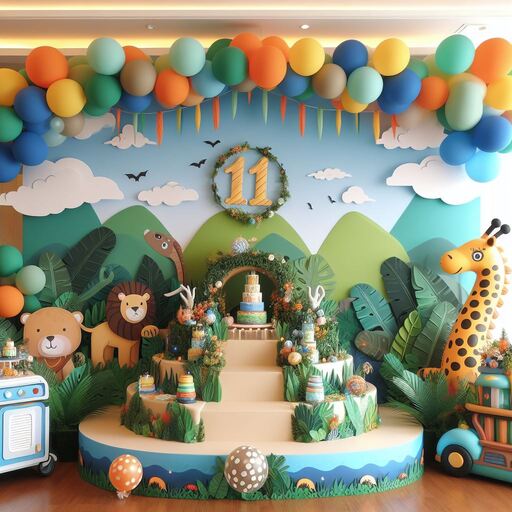 Vibrant jungle safari theme birthday decoration in Gurgaon with a colorful balloon arch, animal cutouts (lion, bear, giraffe), a tiered cake on a custom stage, and a number '11' wreath by Adore Celebration.