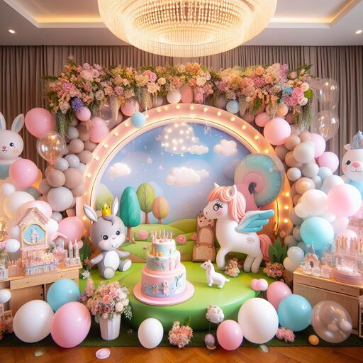 Enchanting fairy tale and magical creatures theme birthday decoration in Gurgaon, featuring a pastel balloon arch, a rainbow backdrop with an illuminated frame, plush unicorn and donkey characters, and a tiered birthday cake by Adore Celebration.