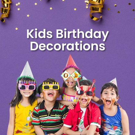 A group of happy, excited children wearing colorful party hats and funny glasses, celebrating at a party with professional kids' birthday decorations in Gurgaon.