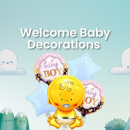 A charming balloon bouquet for a "Welcome Baby Boy" decoration, featuring a baby-shaped foil balloon, blue stars, and round "baby BOY" balloons for a home celebration.