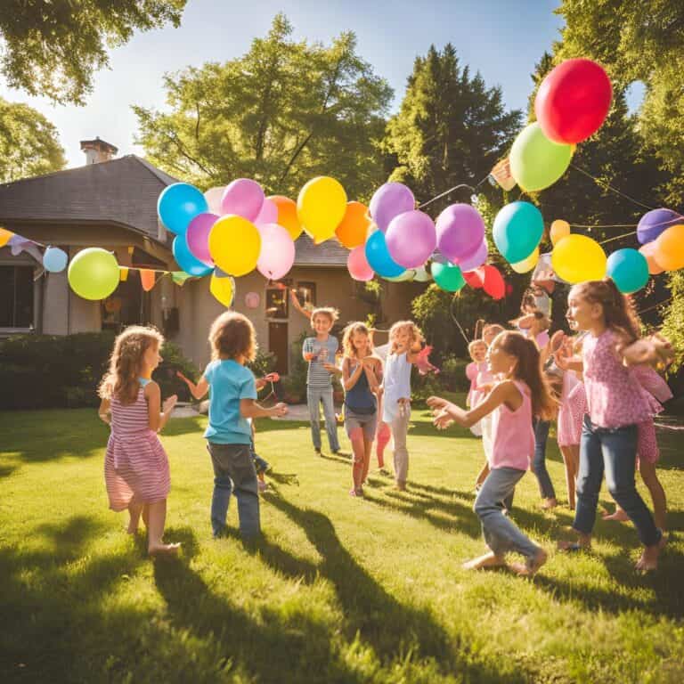 A group of happy children playing on a sunny green lawn decorated with colorful balloons and bunting, with a house and trees in the background, suggesting an outdoor birthday party or celebration.