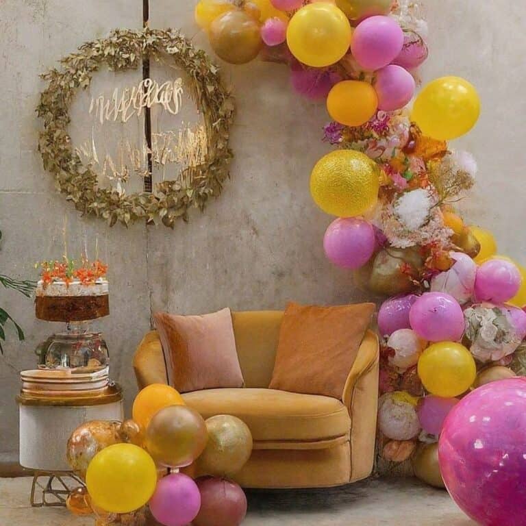 A vibrant birthday decoration setup featuring a gold wreath with a custom name, an elaborate balloon arch in yellow, pink, and gold, and a mustard yellow two-seater sofa. A small cake on a stand and additional balloons are placed on the left.