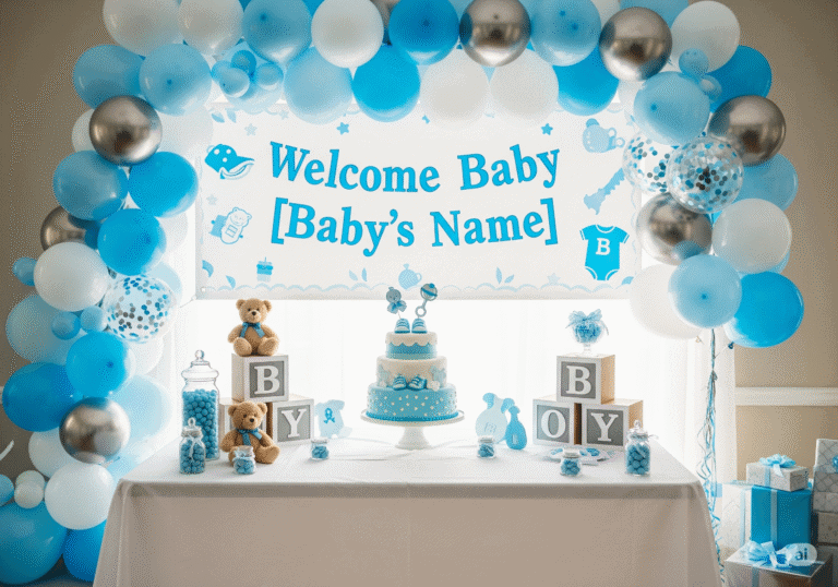 A baby boy welcome home decoration setup with a balloon arch in shades of blue, white, and silver. A banner says "Welcome Baby [Baby's Name]".