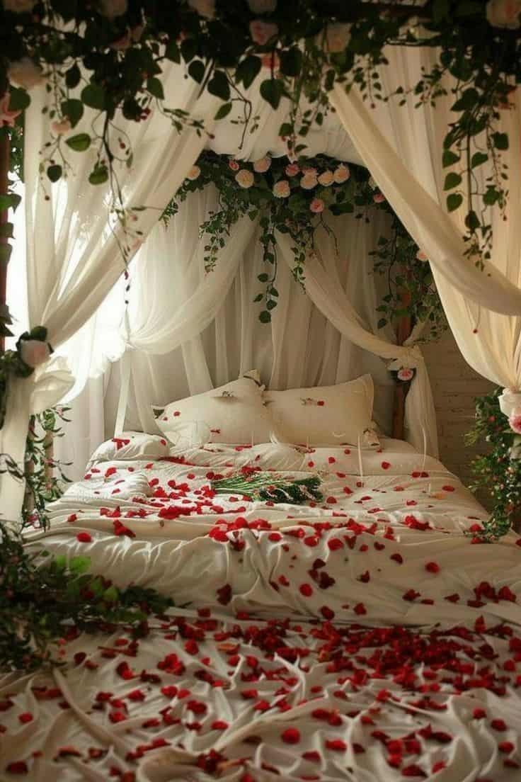 A romantic canopy bed draped in sheer white fabric, adorned with roses and greenery, and scattered with red rose petals.