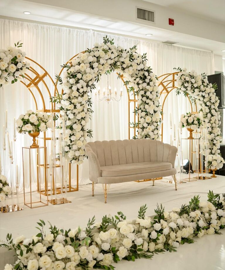 Home wedding floral backdrop setup